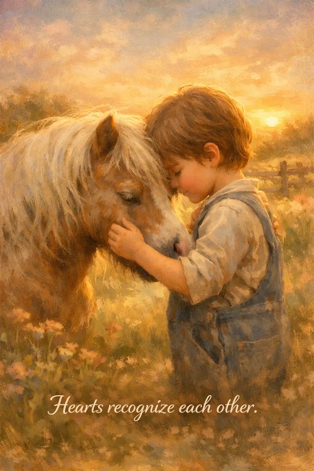 Young child resting gently against a pony at sunset