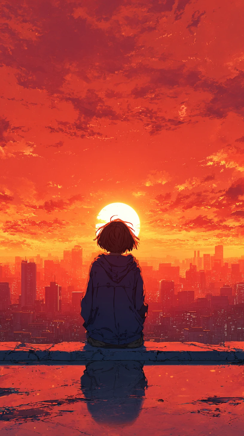 Anime figure watching a glowing sunset over city skyline