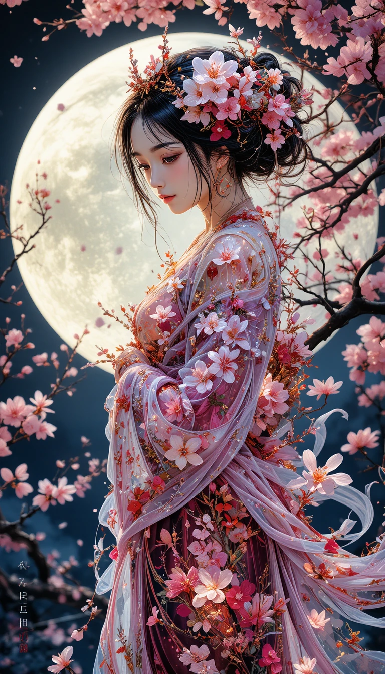 月明かりの幻想的な夜に咲く桜の神話的な女性