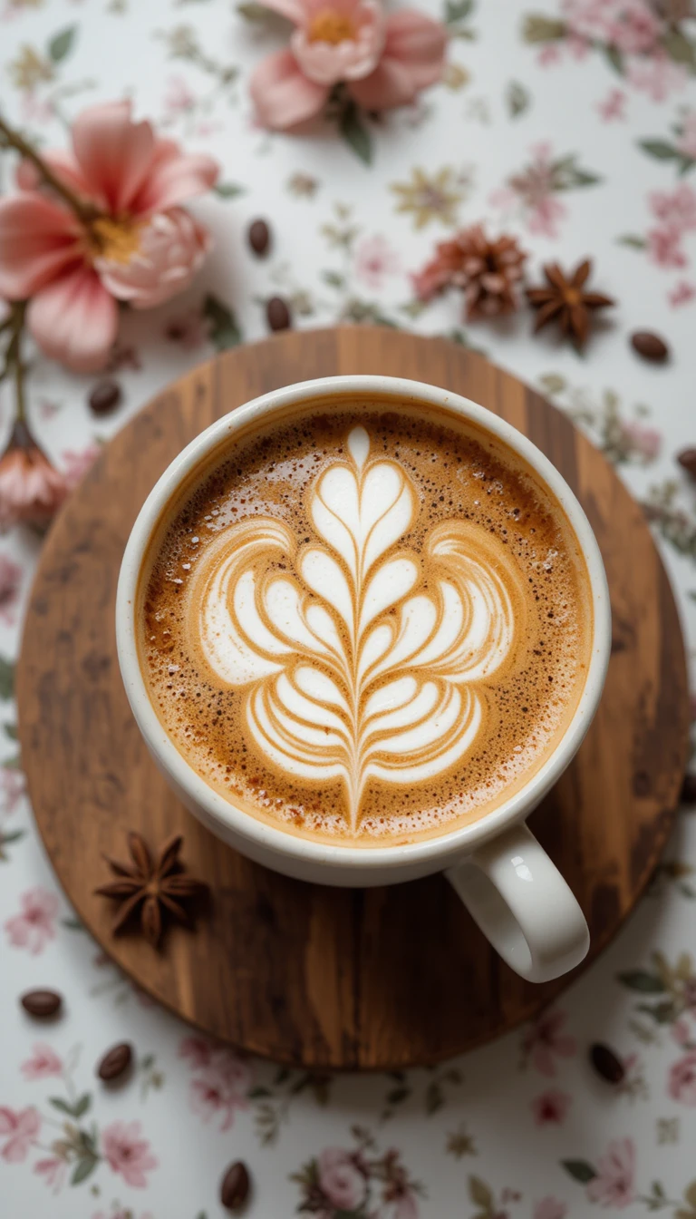 Latte art coffee cup with flowers on wooden board