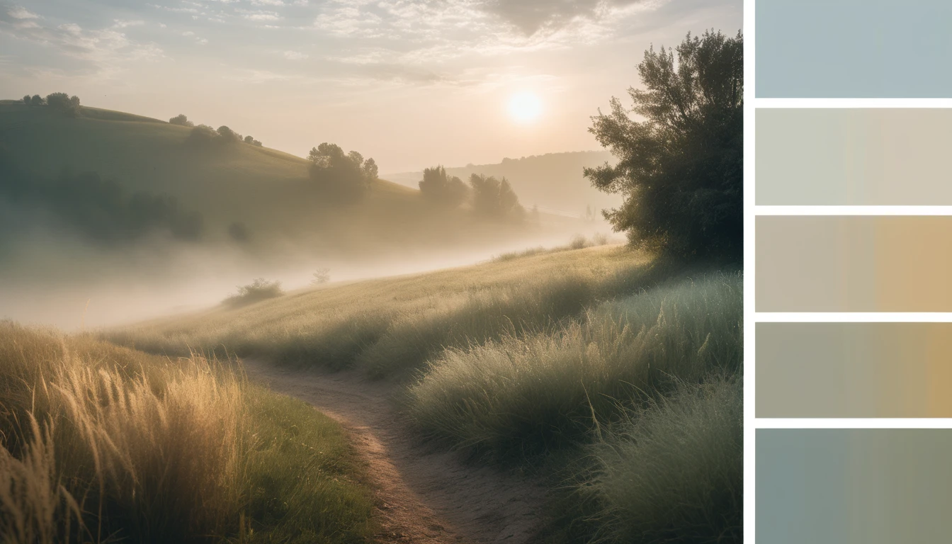 Sunlit misty valley at dawn with a winding path