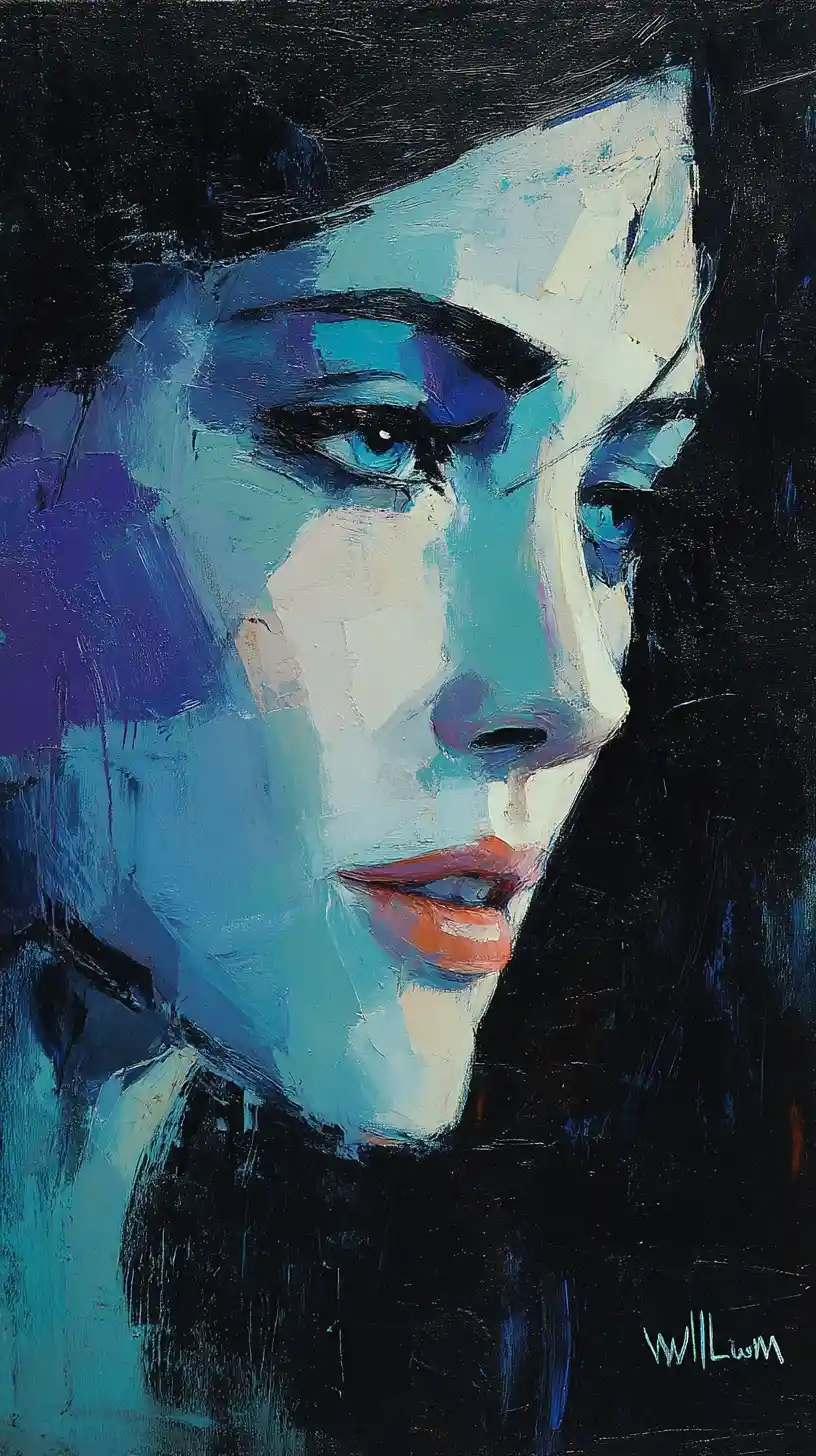 Ritratto astratto blu di una donna frammentata su tela nera
