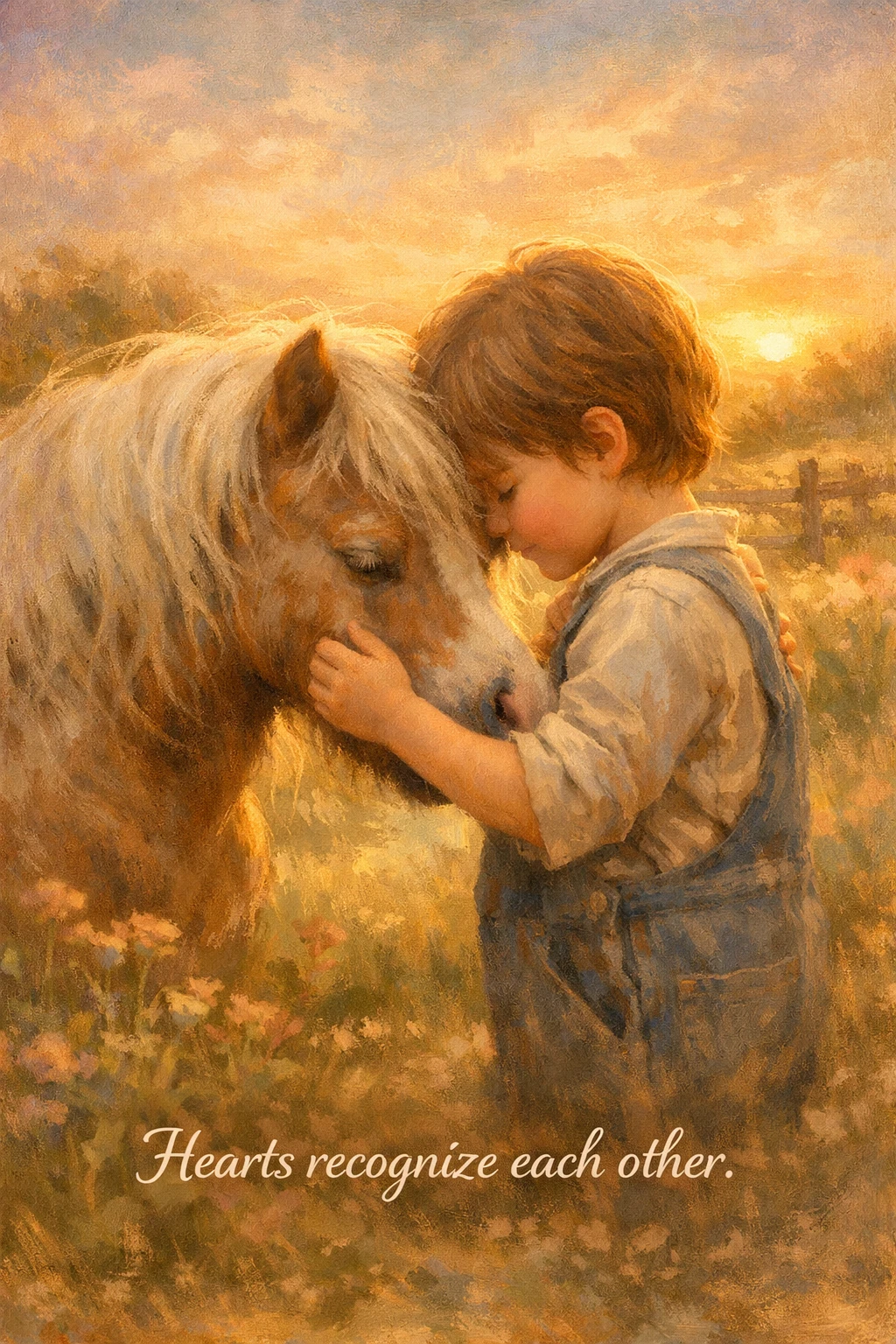 Jeune enfant se reposant doucement contre un poney au coucher du soleil