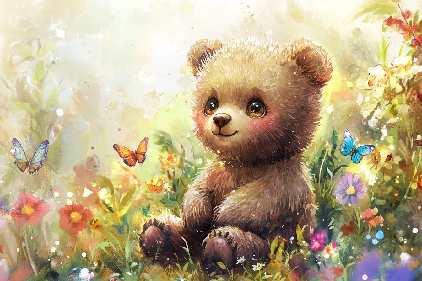 Adorable ourson dans un champ de fleurs ensoleillé en aquarelle