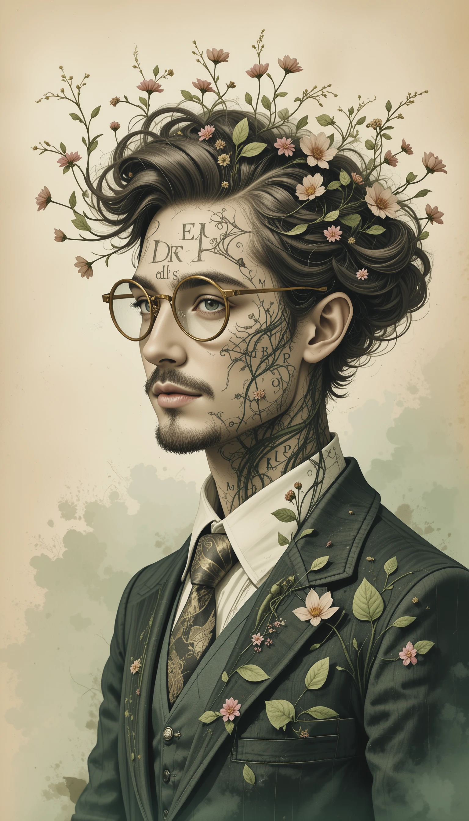 Ritratto tipografico di botanico con lettere e tralci delicati