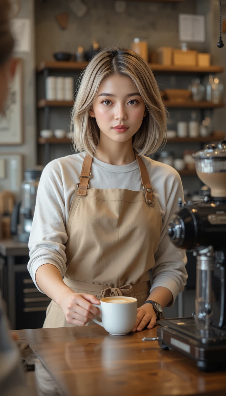 일본인 바리스타가 카운터 너머로 갓 내린 커피를 건네는 장면