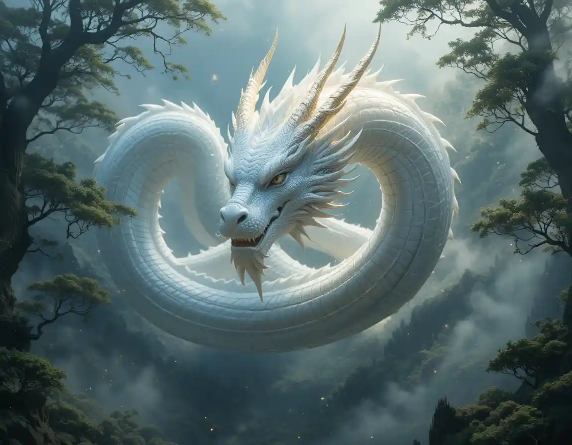 Silver Japanese dragon gliding peacefully through a forest