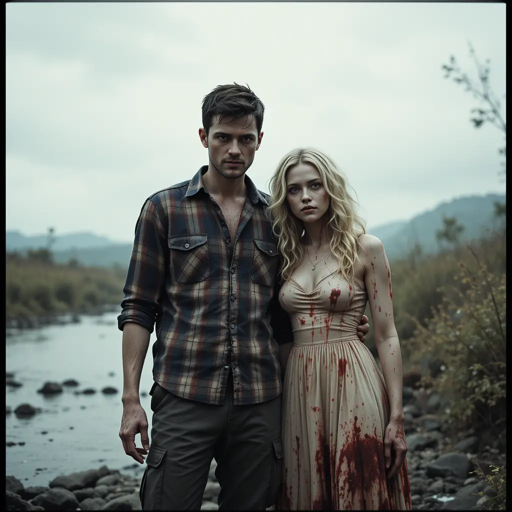 Couple de zombies au bord d’un ruisseau calme en forêt