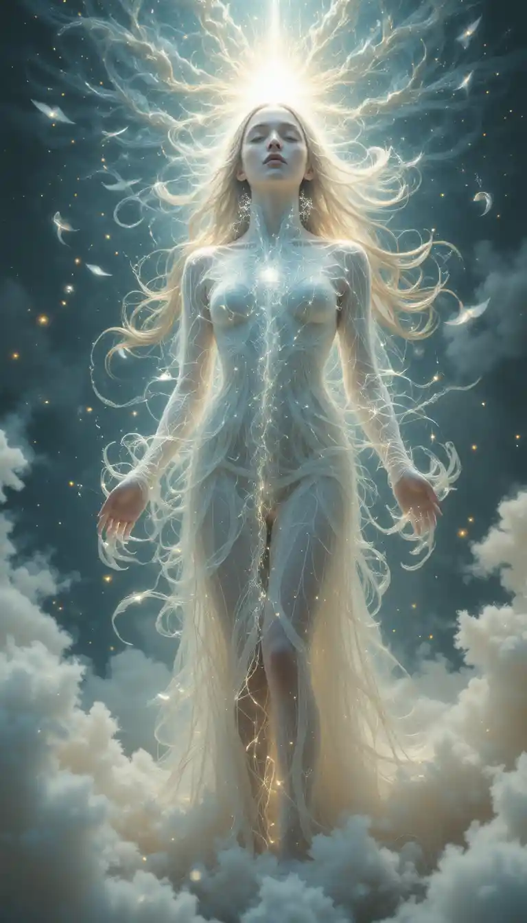 Ethereal woman ascends in radiant light and mist