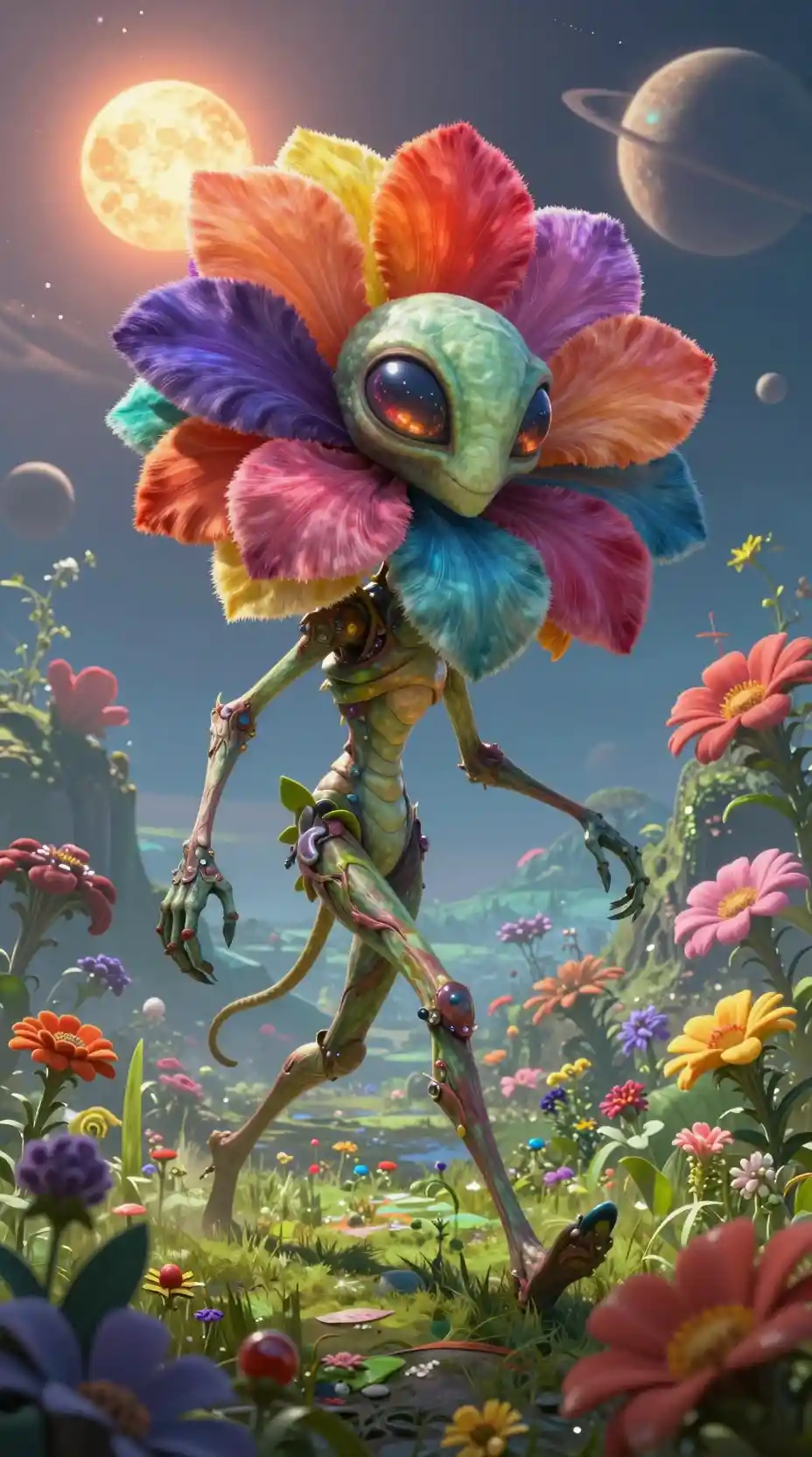 Creatura floreale antropomorfa che attraversa giardini alieni