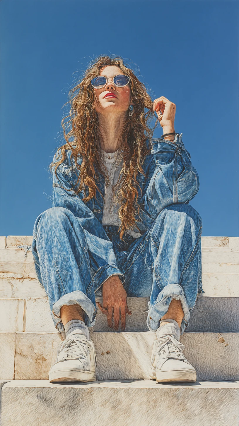 Woman on stone steps in sunglasses and denim jacket