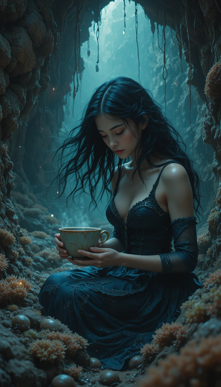 Mysterious Woman Studying Ancient Teacup In Underwater Cove