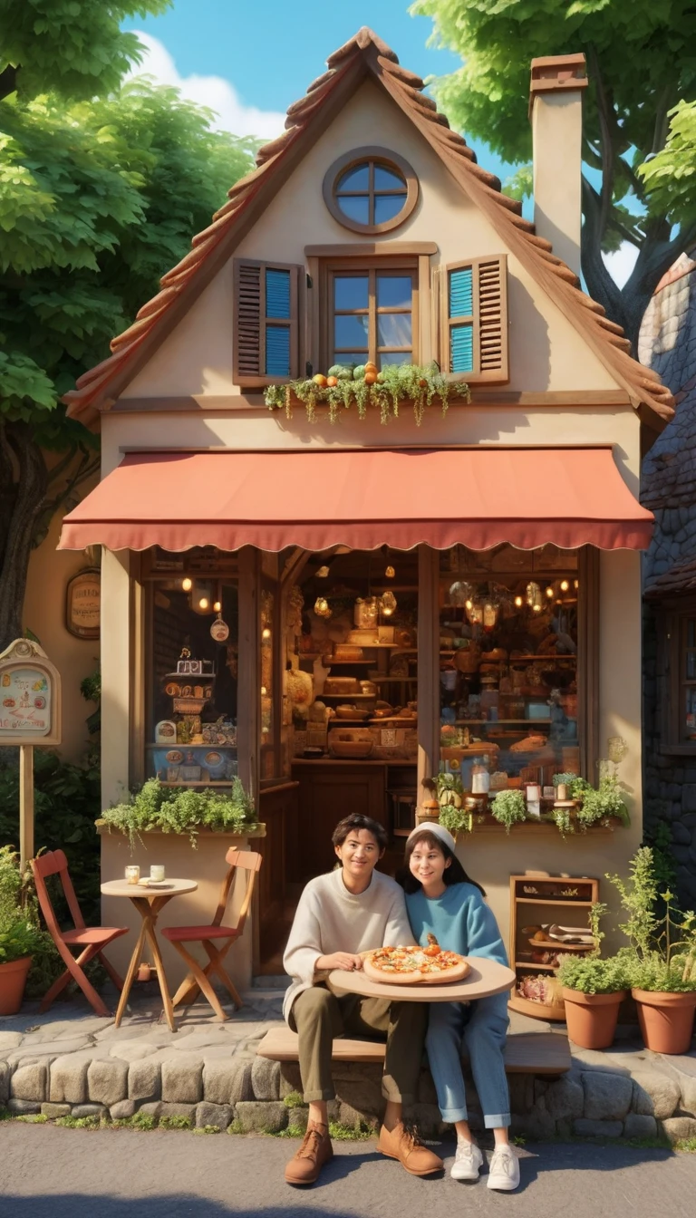 Cozy village couple enjoying a neon lit pizza day