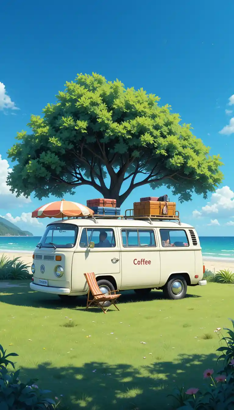 Kombi de café em estilo anime na praia à beira-mar sob uma árvore