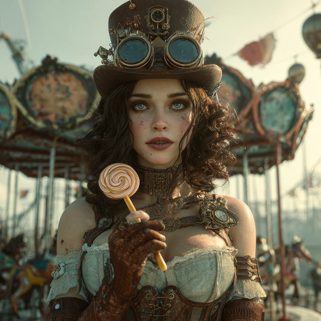 Steampunk woman with lollipop at a surreal state fair