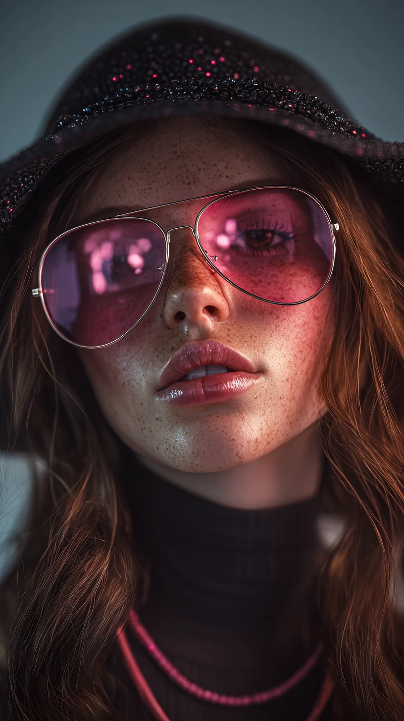 Freckled woman in pink aviator sunglasses and sequin hat