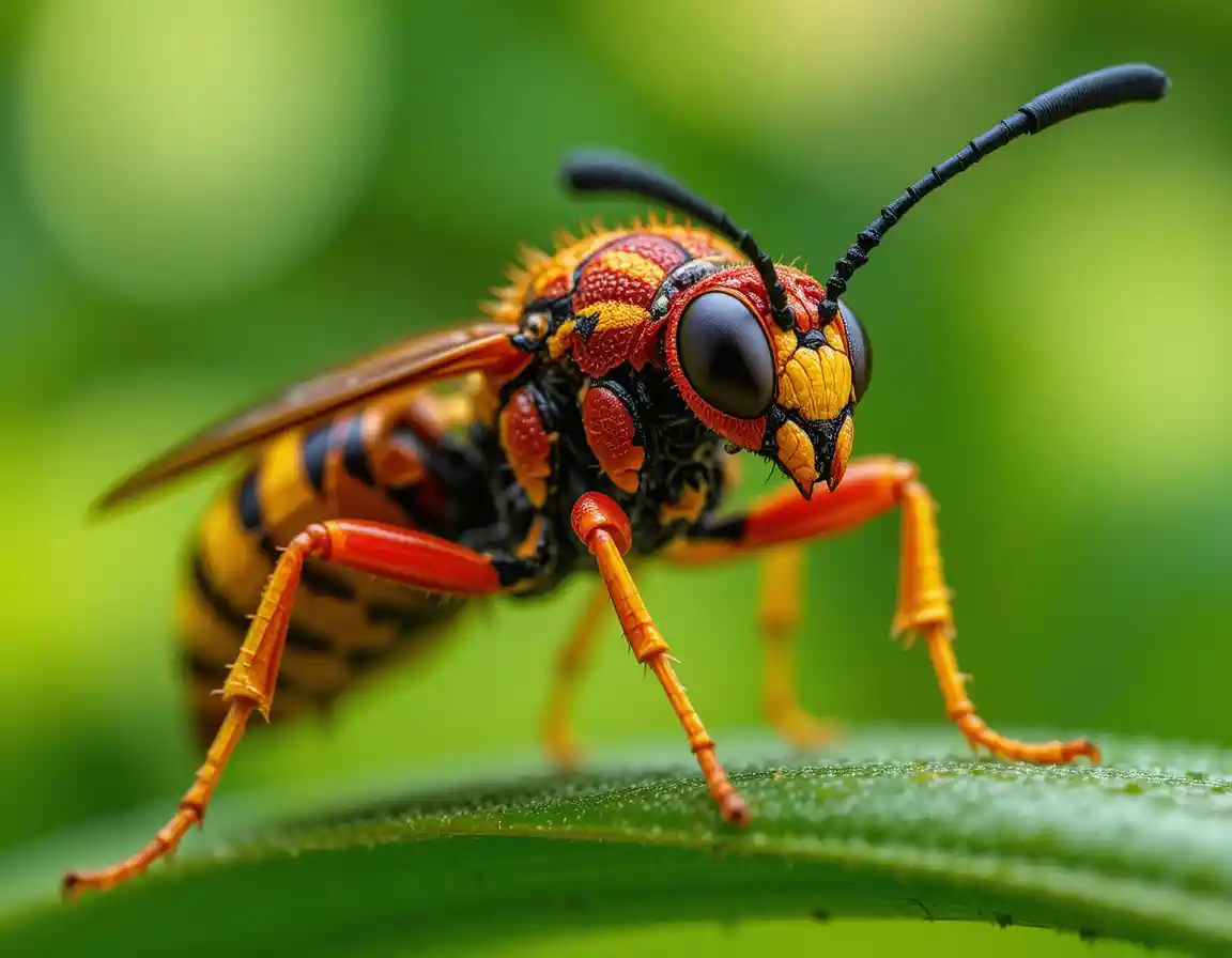 Macro close up of a colorful wasp on green background