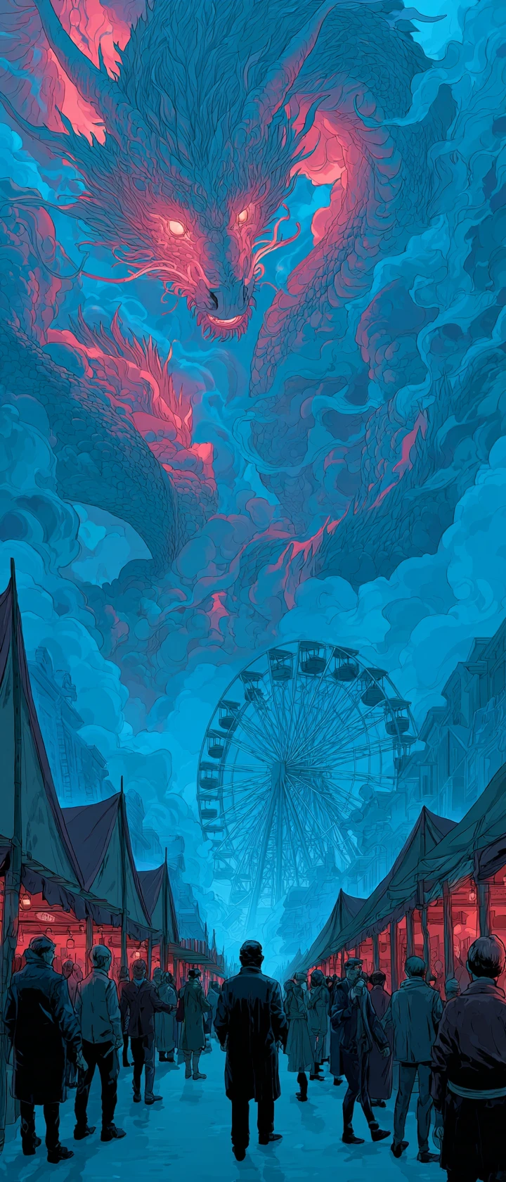 Glowing dragon above a nighttime carnival in flat graphic style