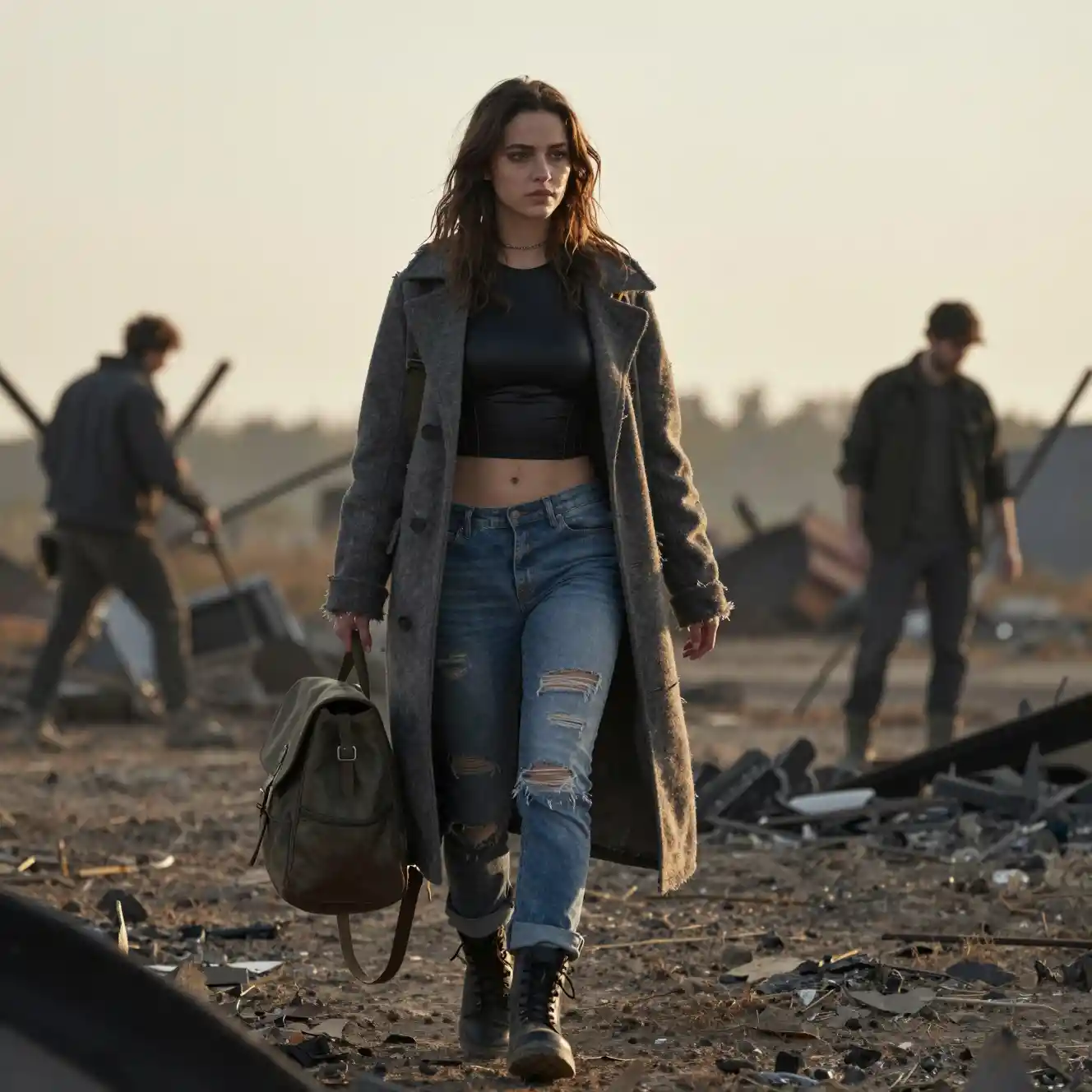 Young woman walking alone across a sunrise battlefield