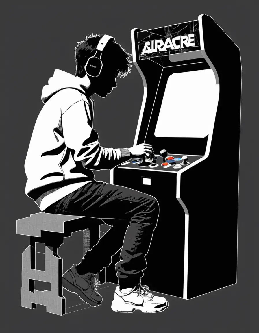 Silhouette di adolescente che gioca a un gioco arcade retrò in stile glitch art