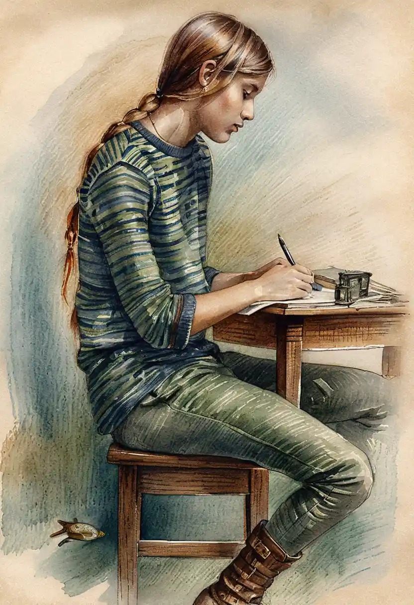 Young student writing at a wooden desk in warm study