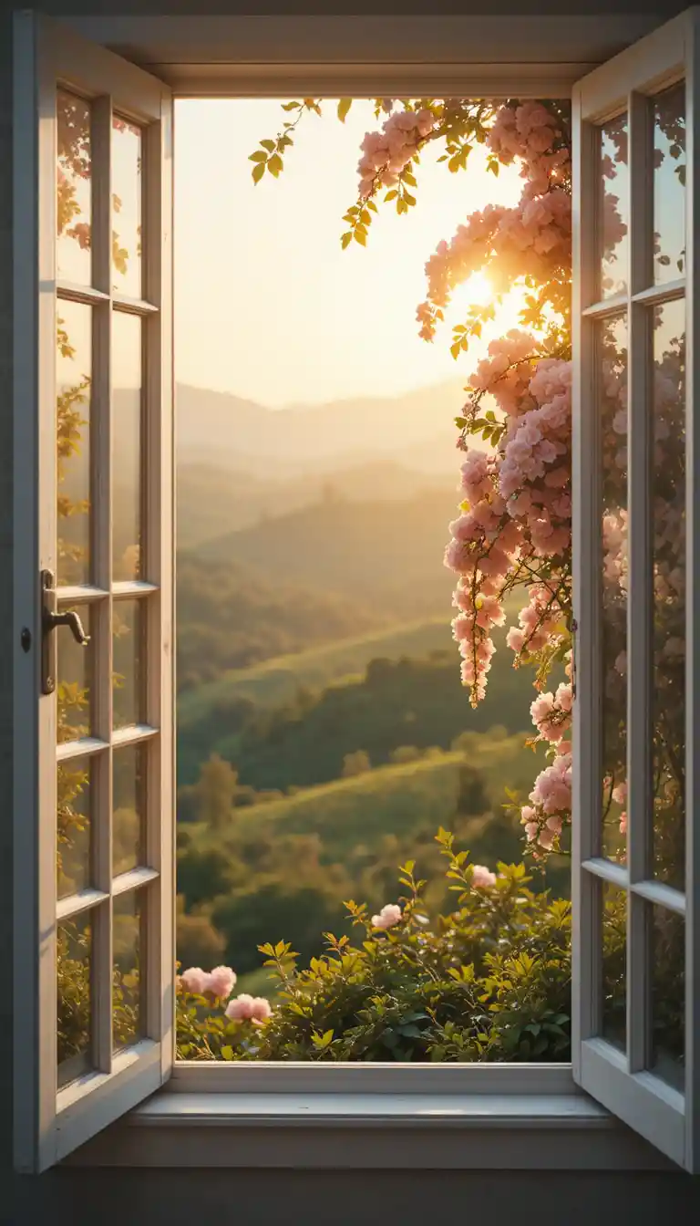 Colline di campagna illuminate dal sole incorniciate da fiori e finestra aperta