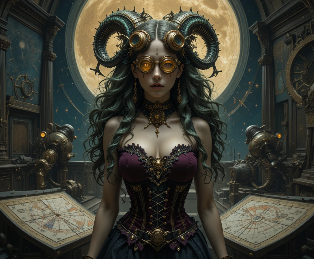Donna gorgone in ottone steampunk su un osservatorio al chiaro di luna