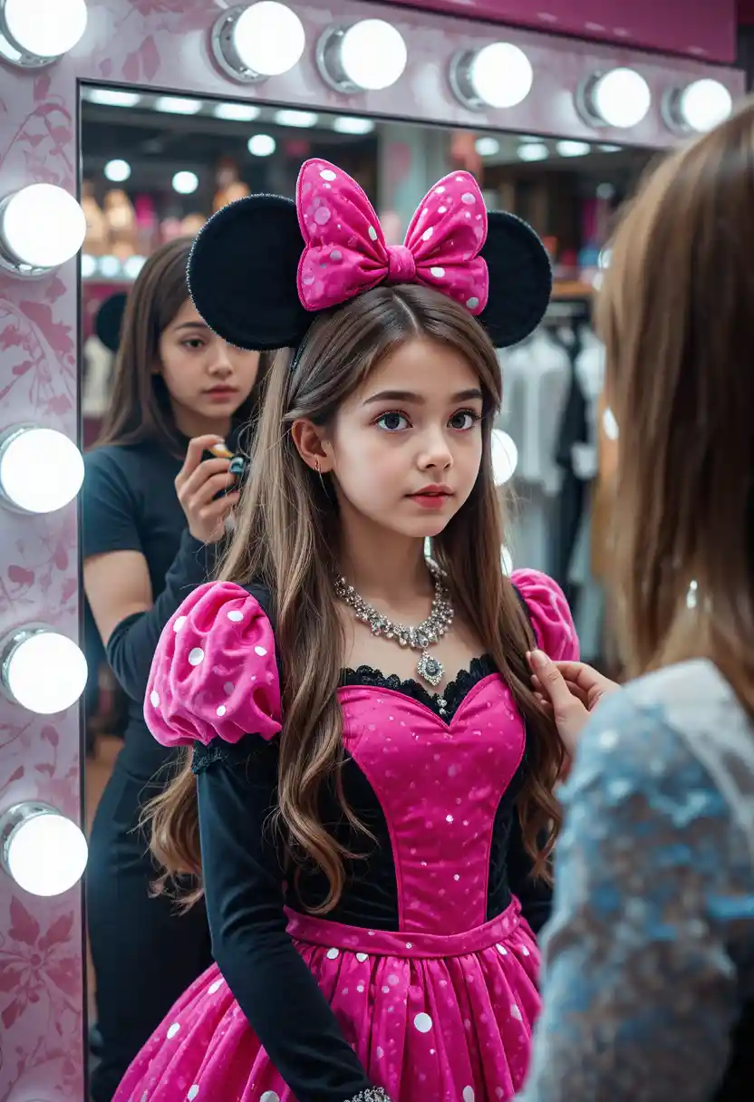 Niño con vestido de Minnie Mouse maquillándose en una boutique