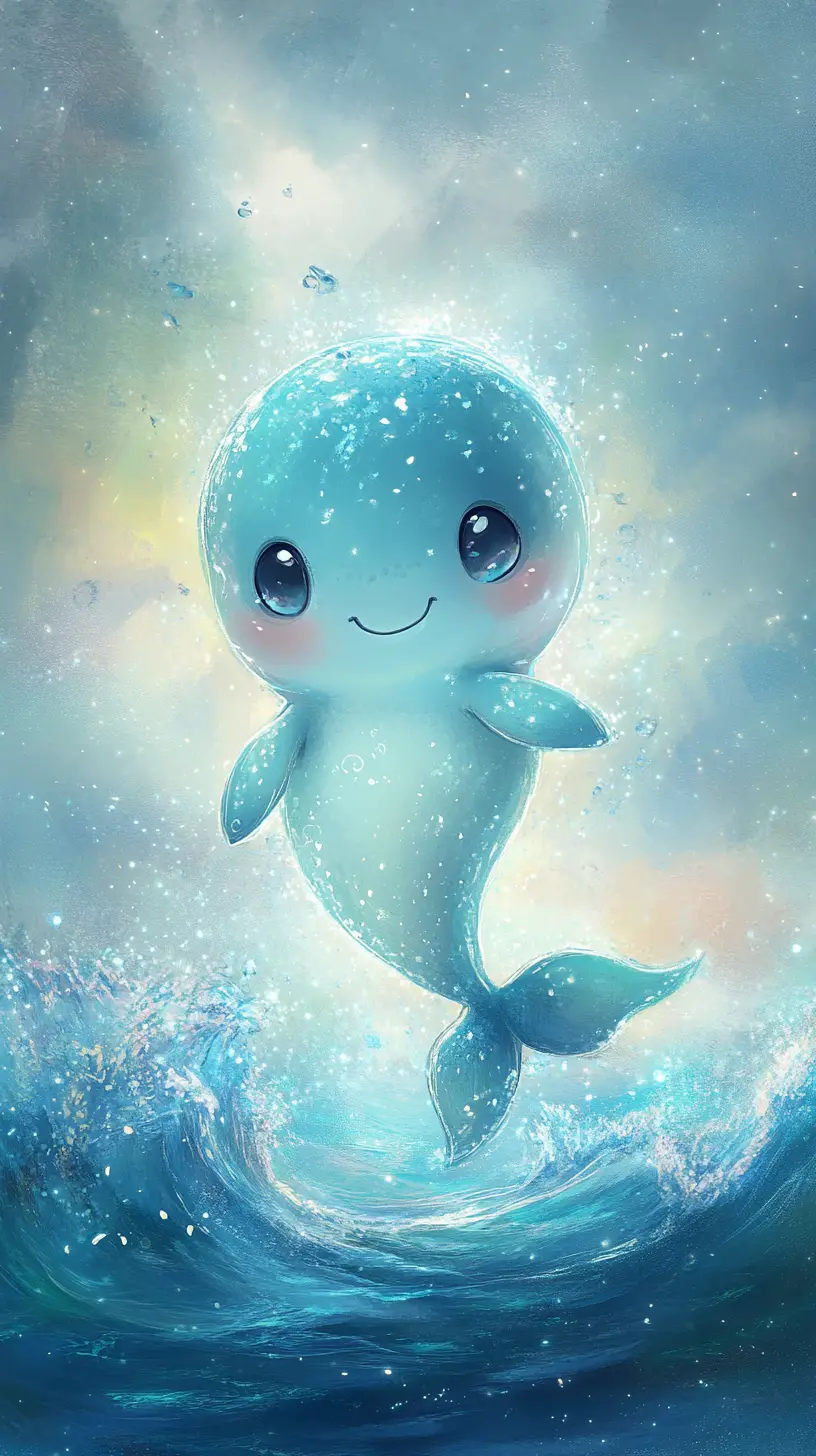 Cute glowing wave character in pastel ocean scene