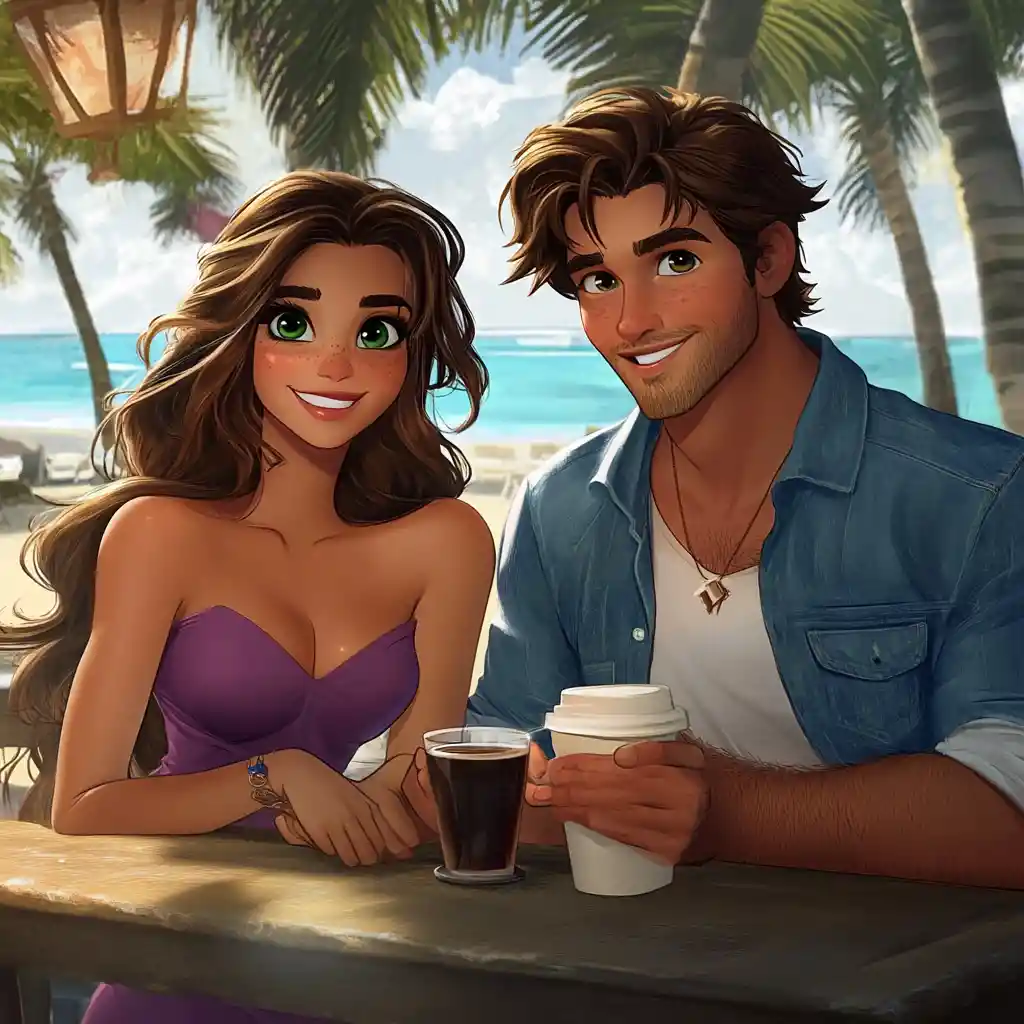 Pareja sonriente tomando café juntos en un bar de playa