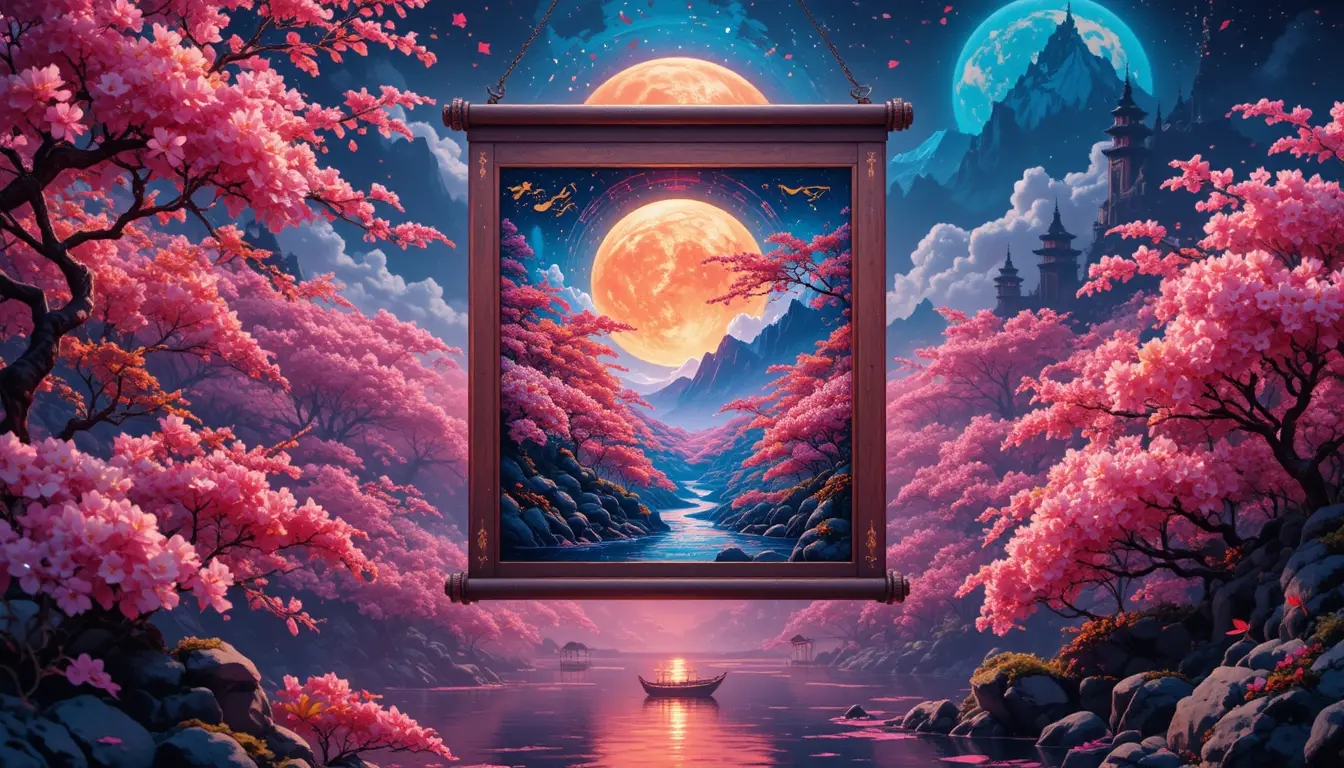 Pergamino surreal flotando sobre vibrante escena de cerezos en flor de neón