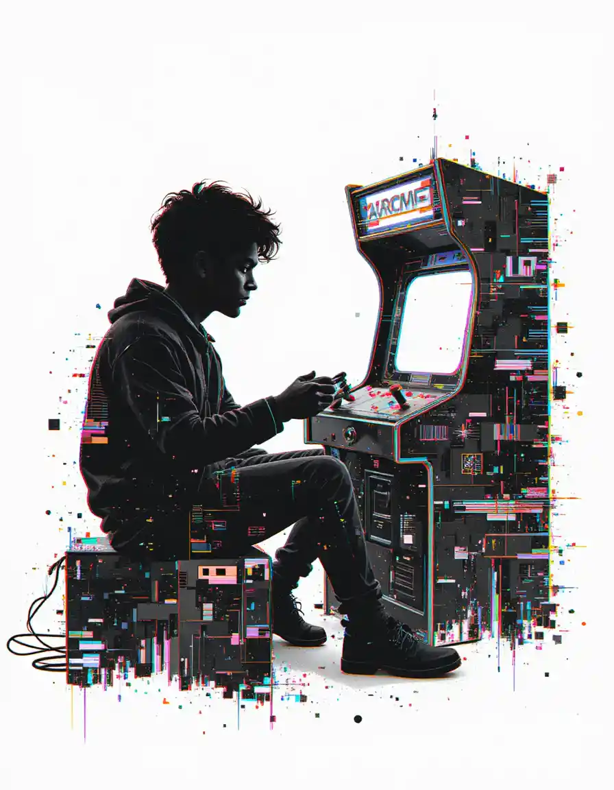 Silhouette di adolescente che gioca a un arcade retrò in stile glitch art