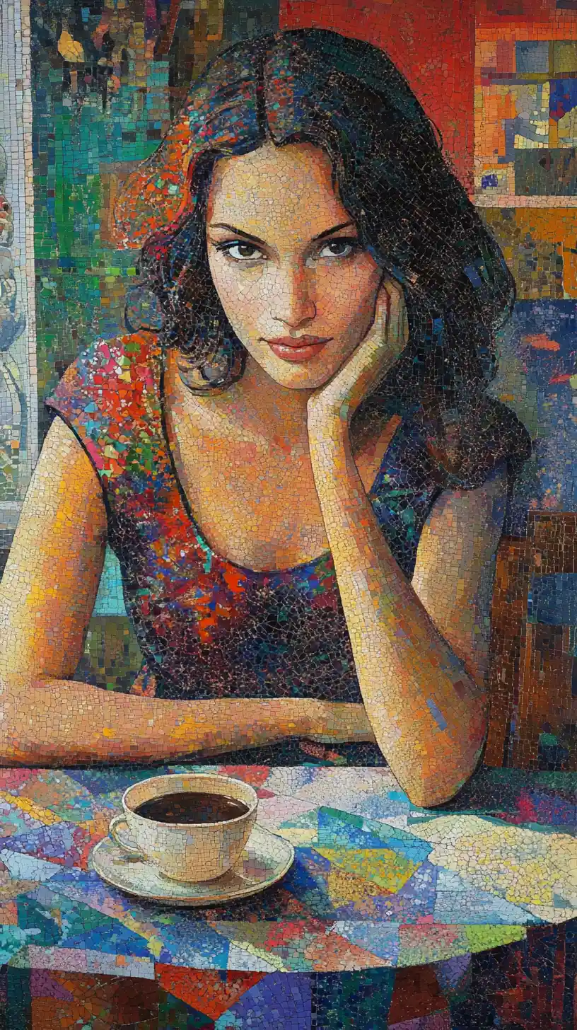 Soviet style woman in a dining room with coffee