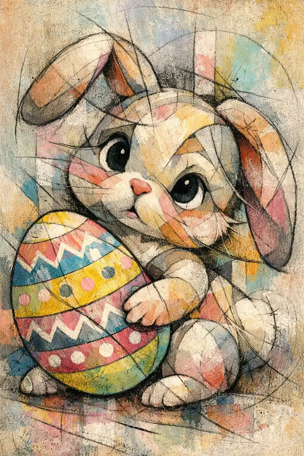 Abstract baby rabbit with oversized decorated Easter egg portrait