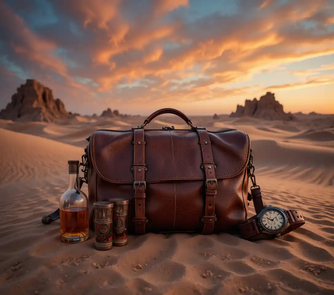 Vintage-Lederreisetasche im stillen Wüstensonnenuntergang