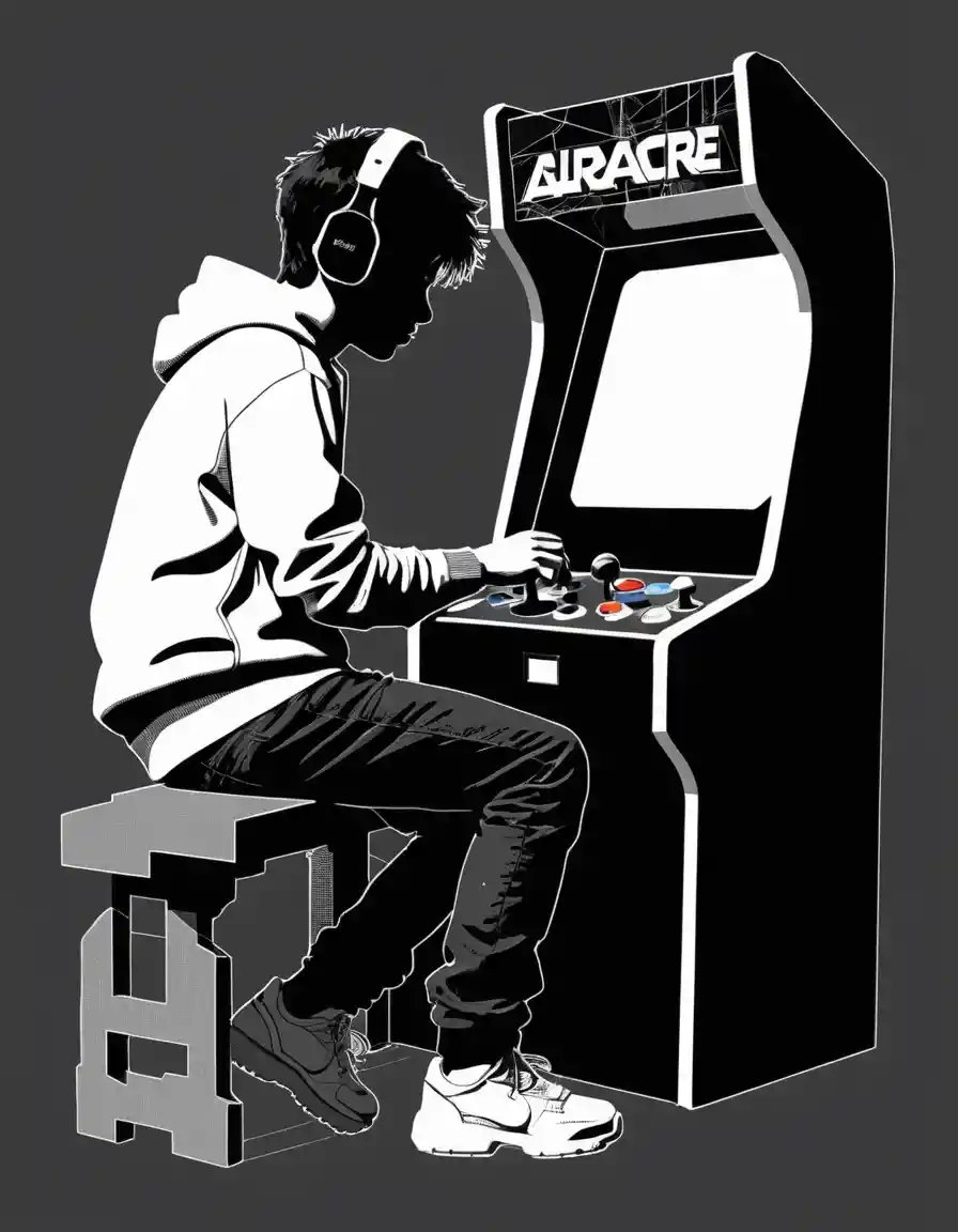 Silhouette di adolescente che gioca a un gioco arcade retrò in stile glitch art