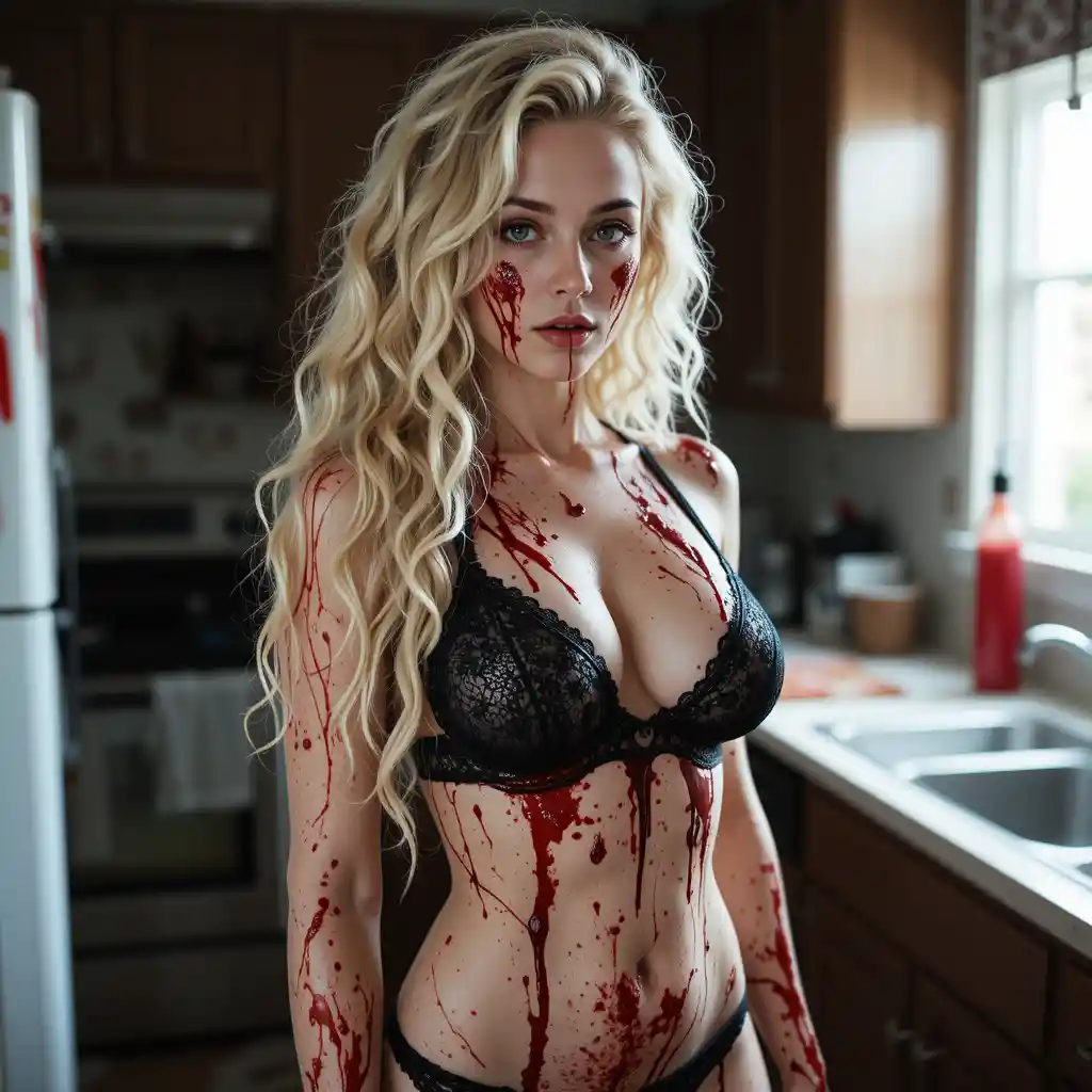 Donna bionda ricoperta di sangue in piedi in cucina