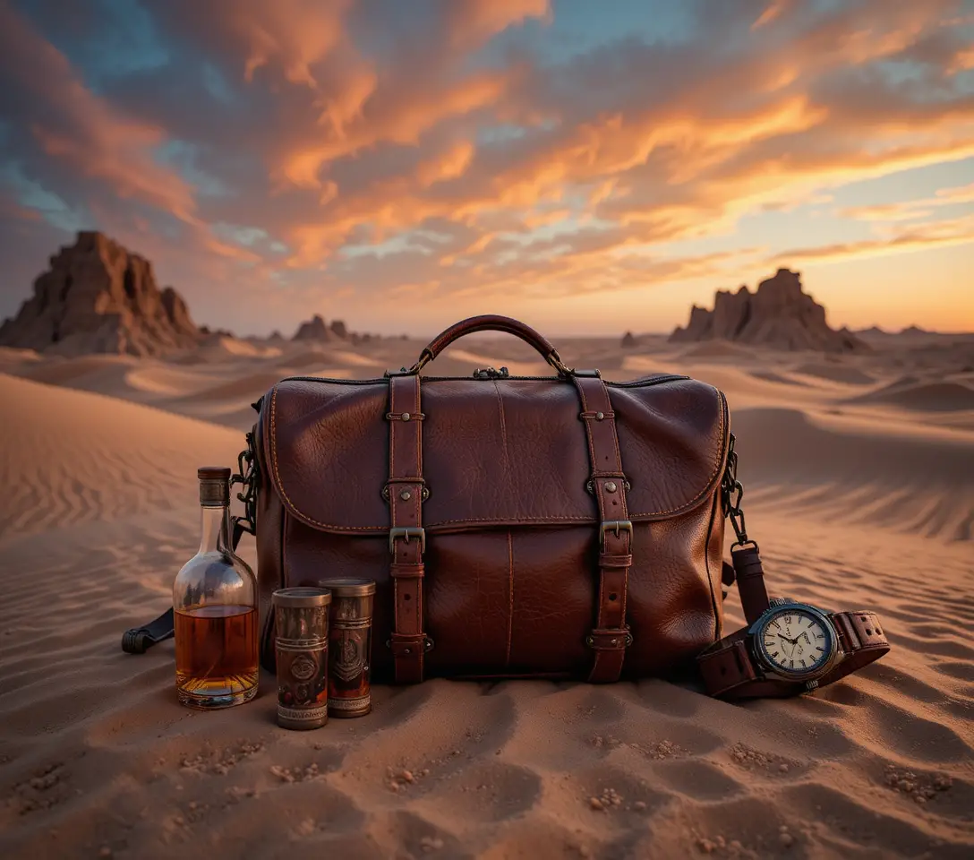 Vintage-Lederreisetasche im stillen Wüstensonnenuntergang