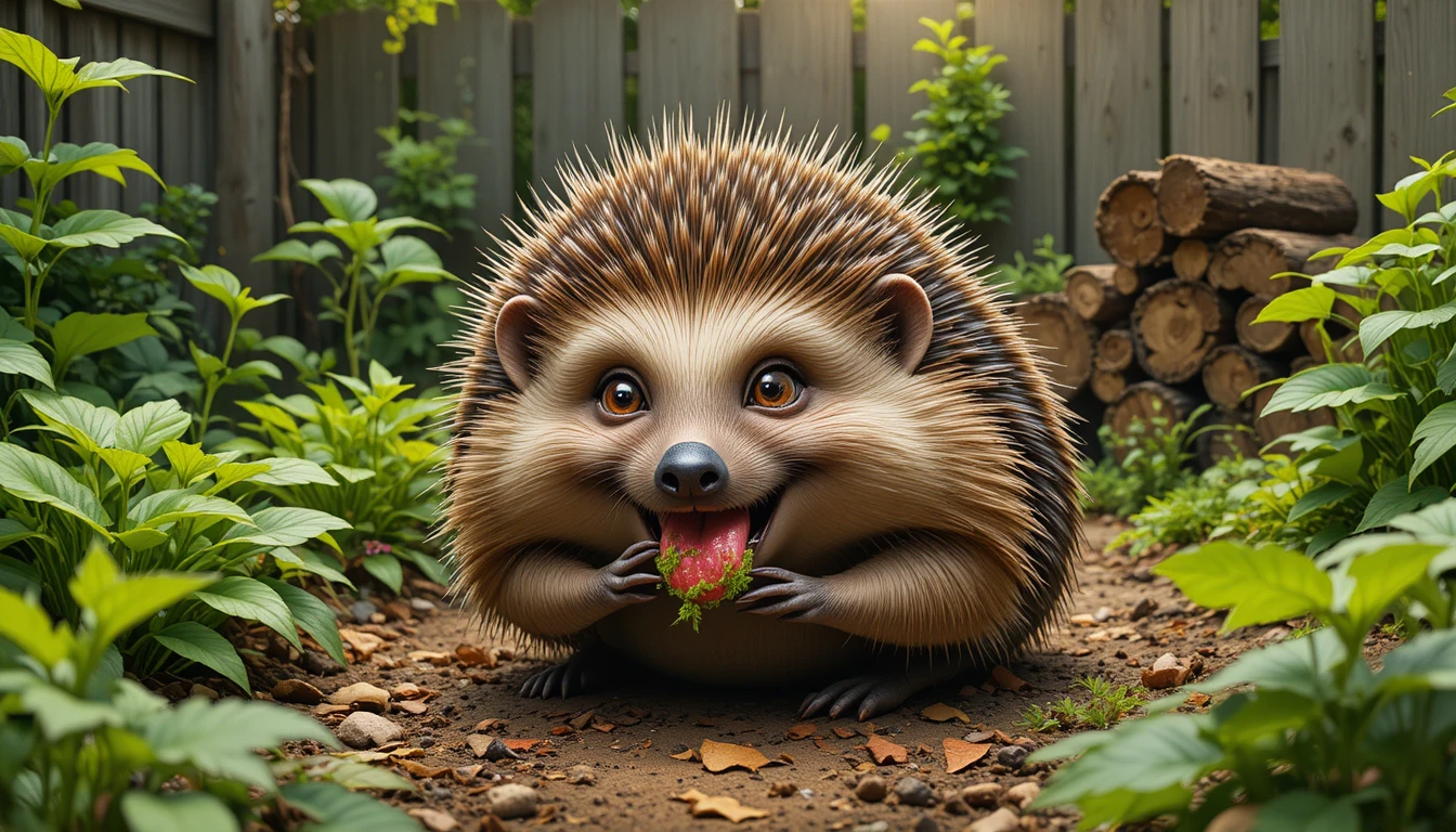 Igel aus nächster Nähe in einem sommerlichen, blattreichen Gartenbeet