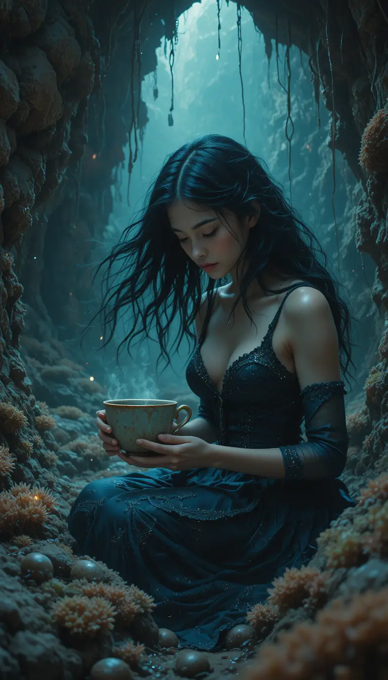 Mysterious Woman Studying Ancient Teacup In Underwater Cove