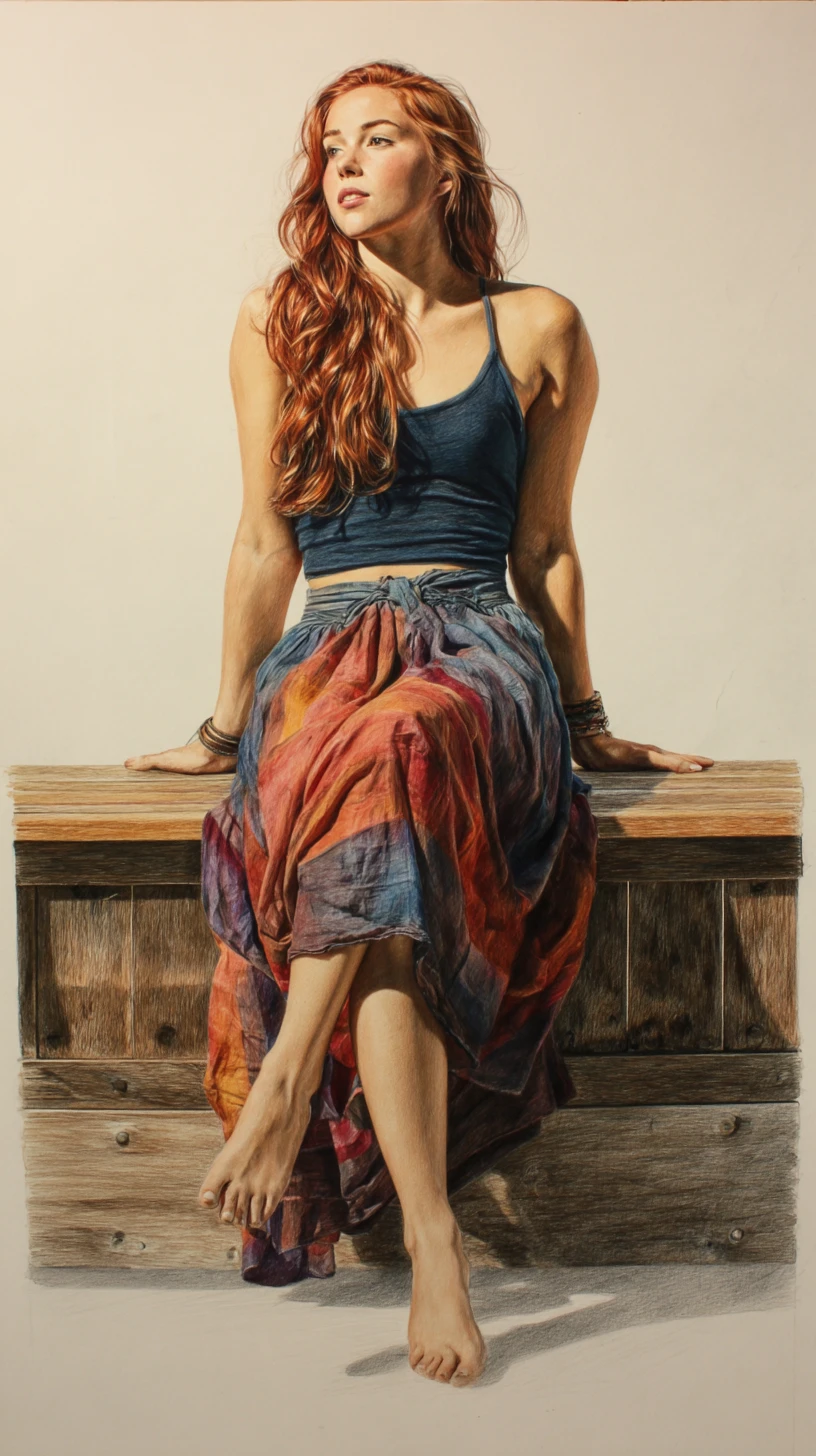 Red haired woman sitting relaxed on a wooden bench