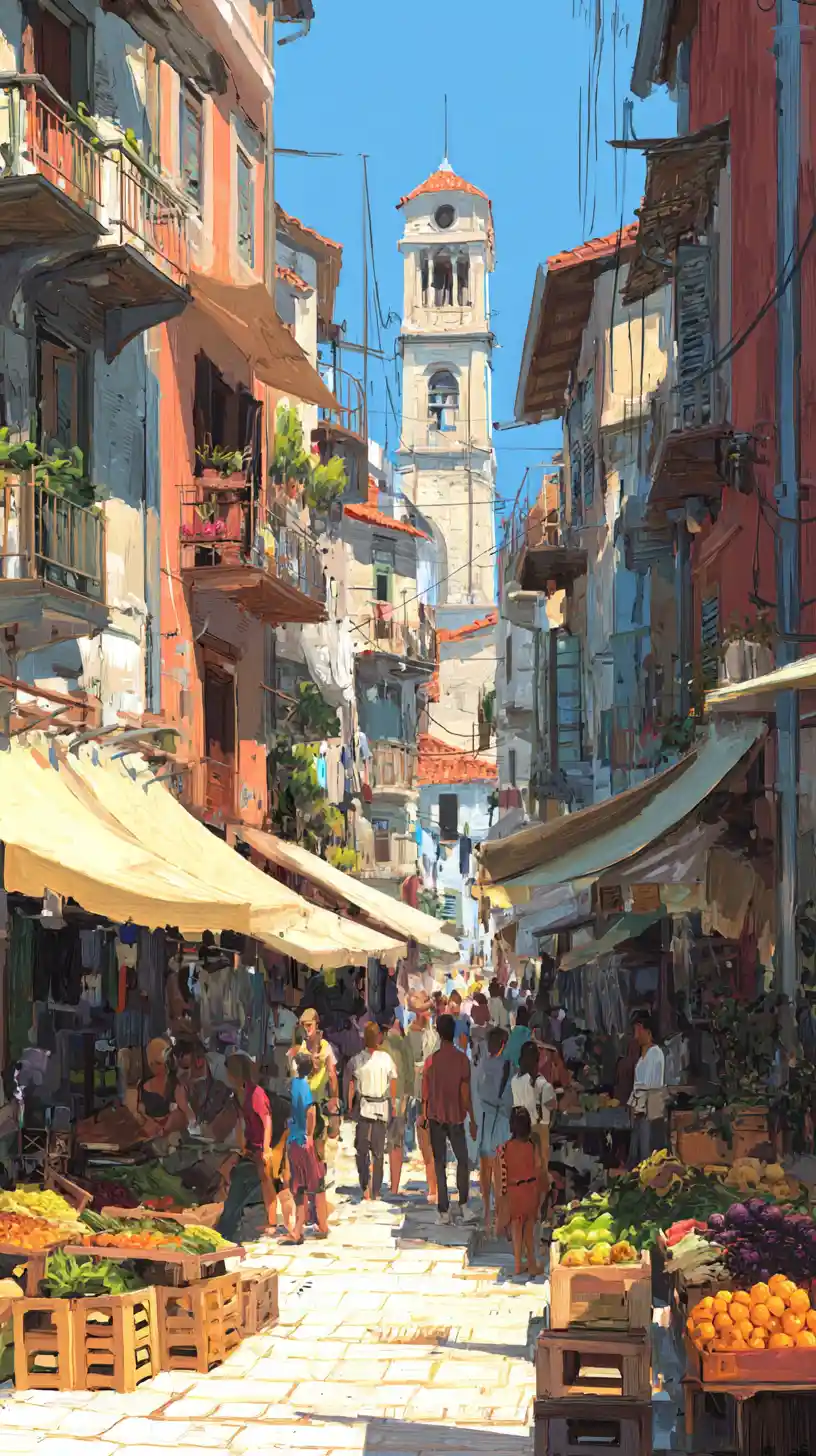 Mercado de rua movimentado no Mediterrâneo com arquitetura urbana acolhedora