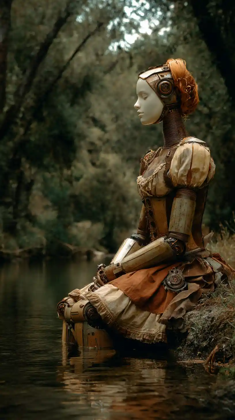 Femme androïde surréaliste au bord d’un ruisseau forestier au visage flottant