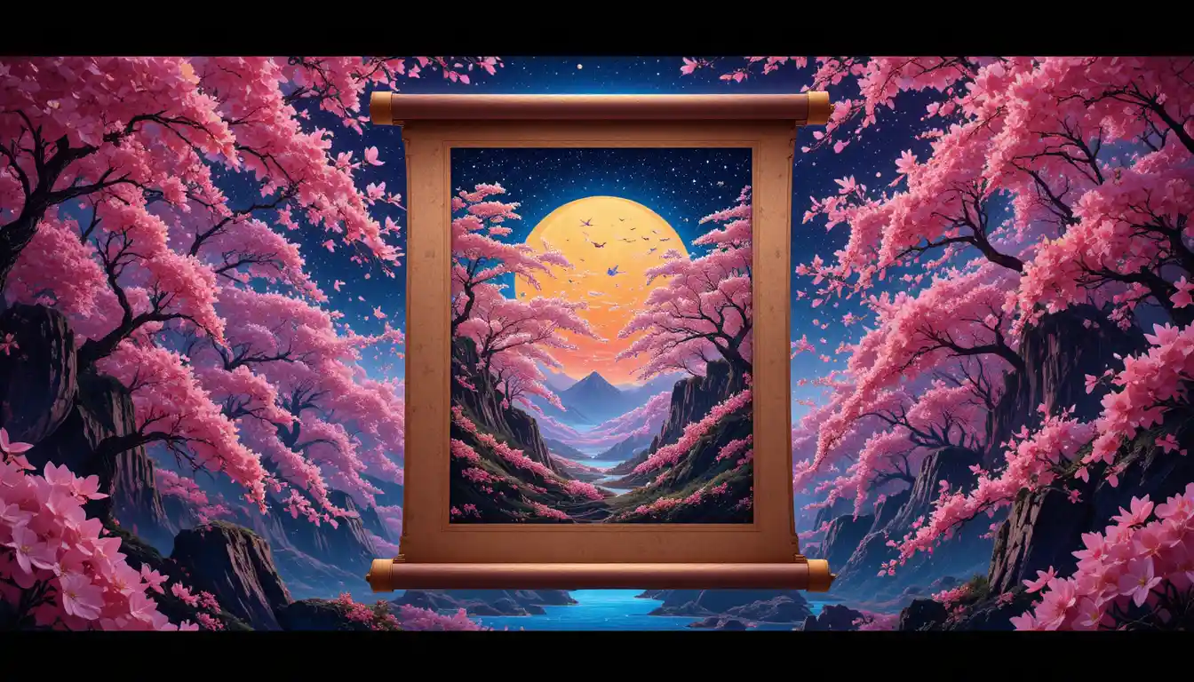 Floating scroll over surreal neon cherry blossom ukiyo e scene