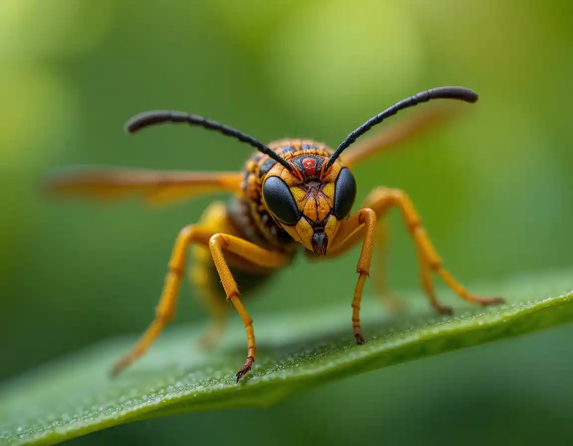 Gros plan macro d’une guêpe européenne colorée sur un bokeh vert