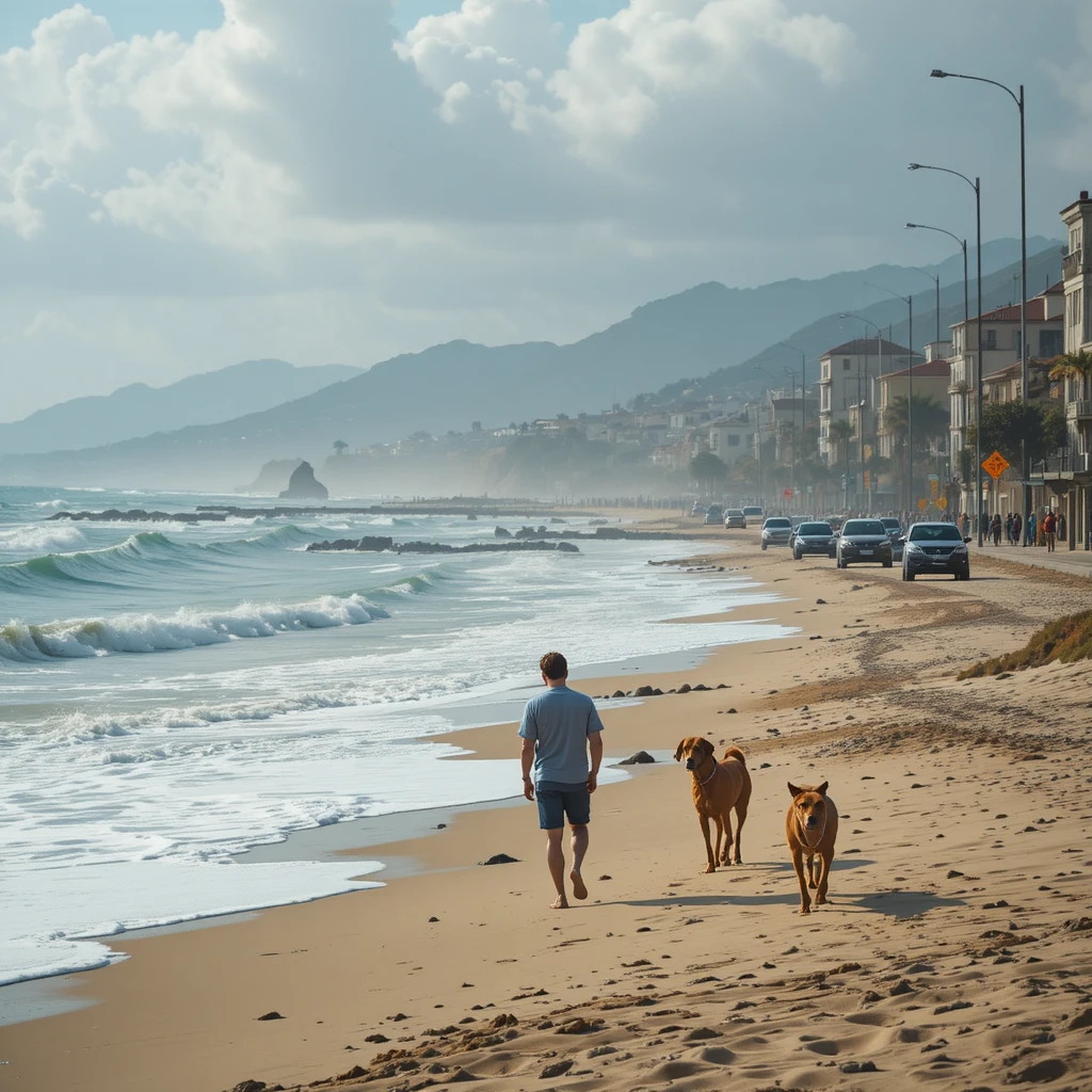 Person walking on a quiet beach with a dog ahead