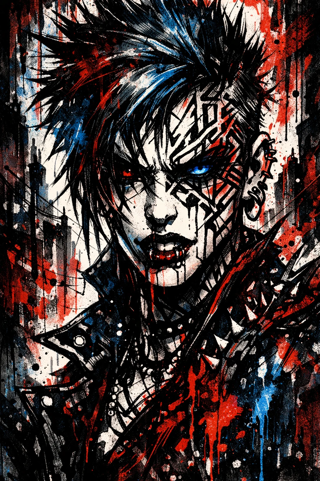 Retrato Punk em Tinta Intenso em Paisagem Urbana Onírica