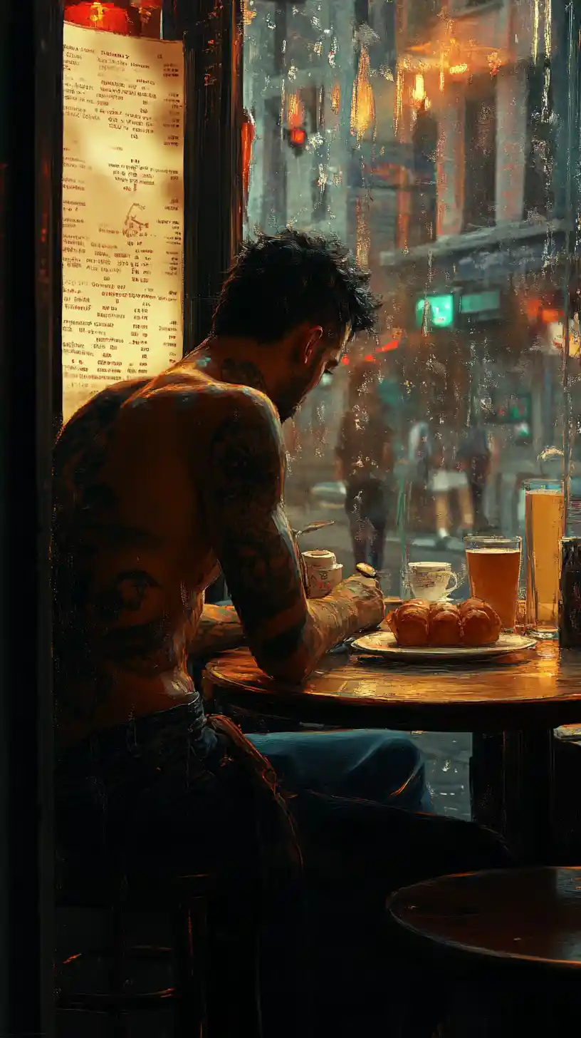 Tattooed man alone in a vintage diner with coffee