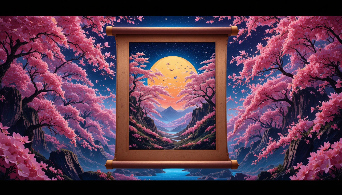 Pergamena fluttuante sopra scena surreale di ciliegi neon in stile ukiyo-e