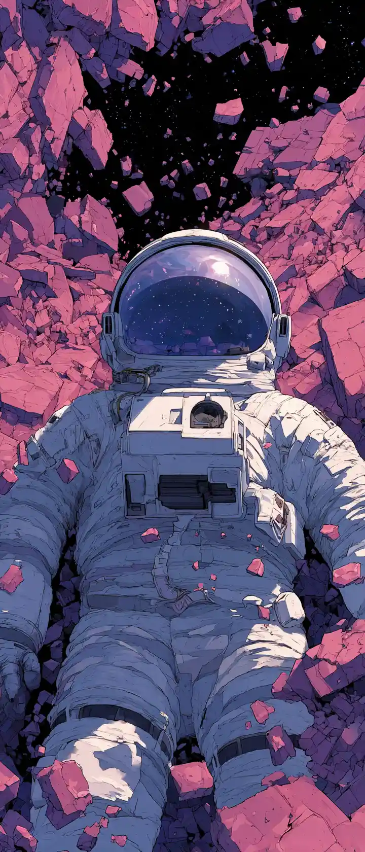 Astronauta in stile anime che deriva tranquillo nel vuoto stellato